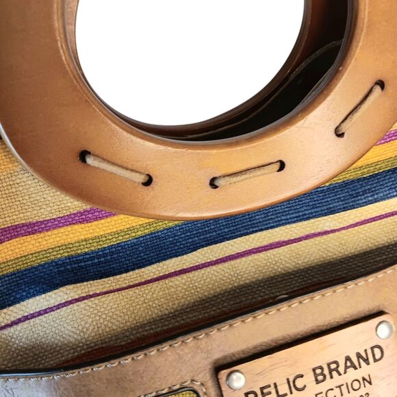 Striped Canvas Clutch Purse Wooden Handles Tan Blue Brown Summer Relic Brand - Picture 6 of 14